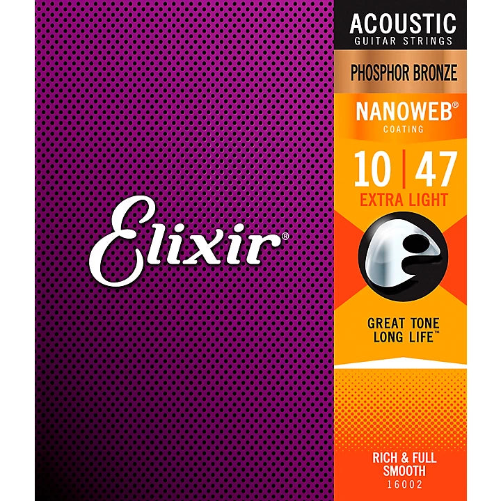 Elixir Strings 16002 Nanoweb Phosphor Bronze Acoustic Guitar Strings - .010-.047 Extra Light