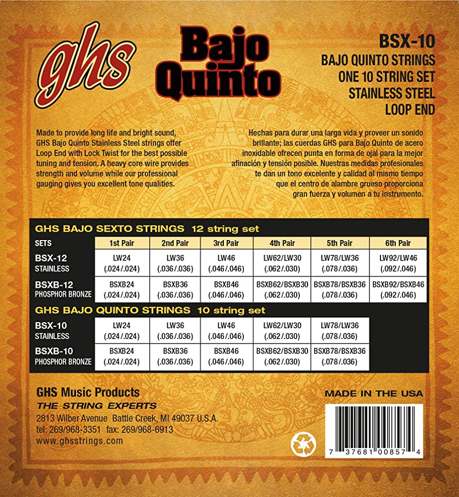 GHS BSXB-10 Phosphor Bronze Bajo Quinto Strings