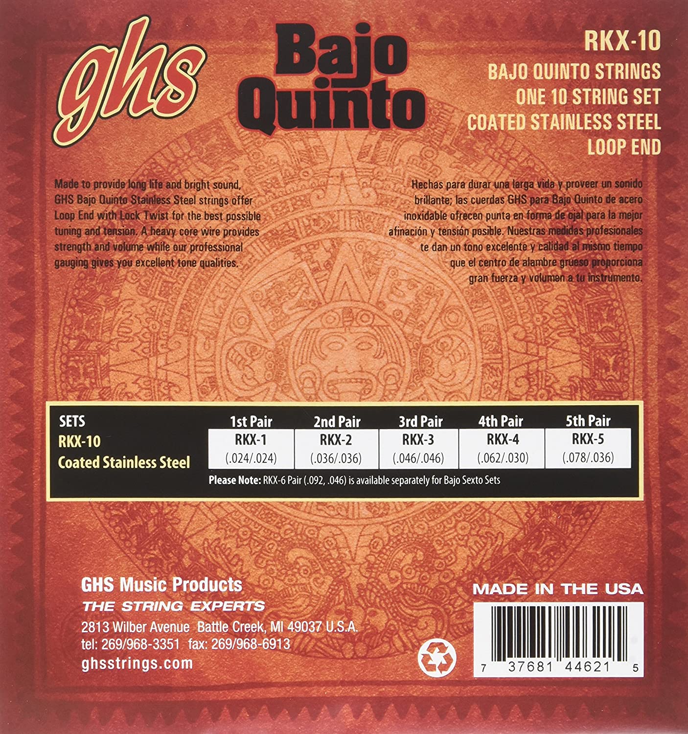 GHS Bajo Quinto - Red Stainless 10-String/Cuerdas Rojas , RKX-10